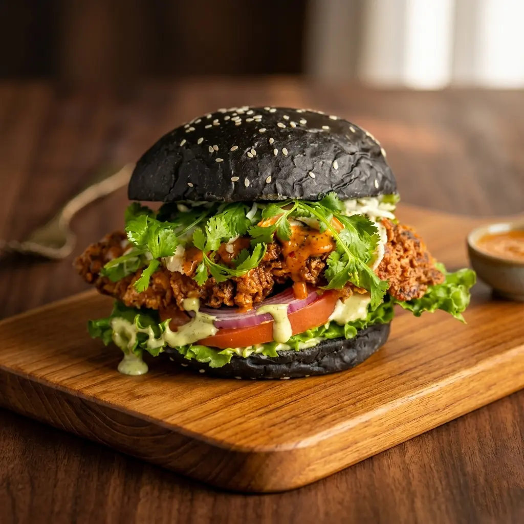 Black Bun Burger at Meat The Bun Edmonton – iconic black bun onion rings arugula